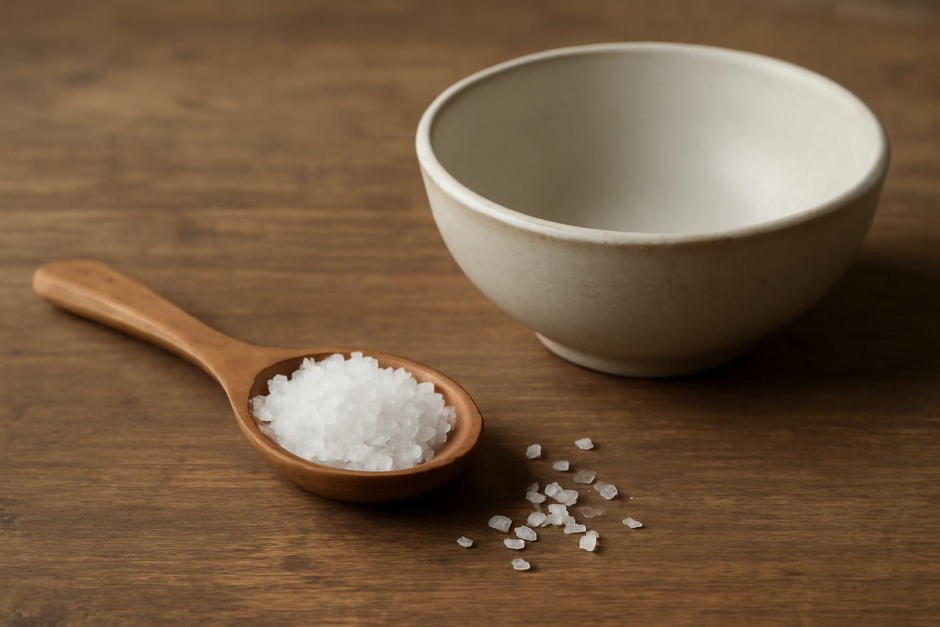 A small wooden spoon with coarse salt beside a plain bowl